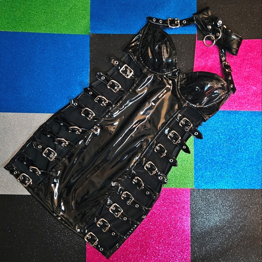 Widow: Femme Fervor Bodycon Dress, Black PVC Choker Dress w/ Buckles, Sz XS BNWT